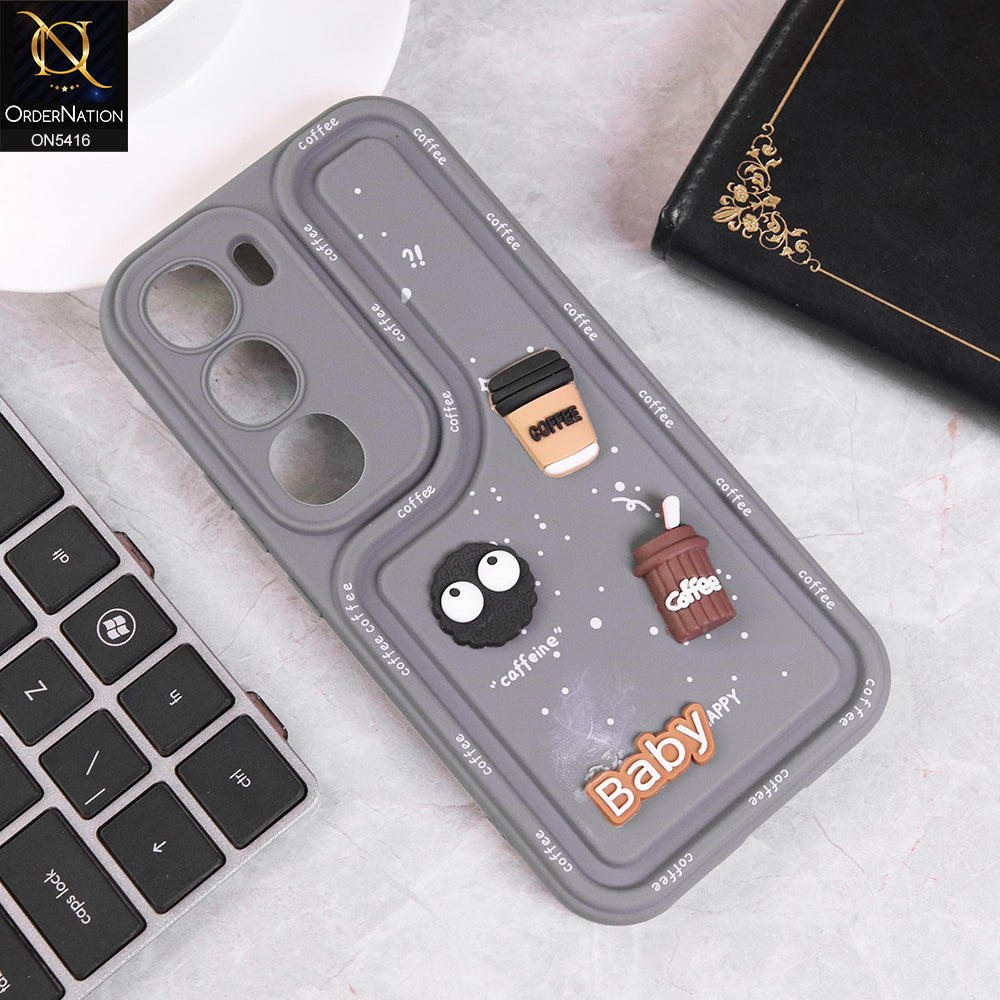 Vivo V40 Lite (IDN) Cover - Gray - Cute 3D Cartoon Coffee Soft Silicon Case With Camera Protection