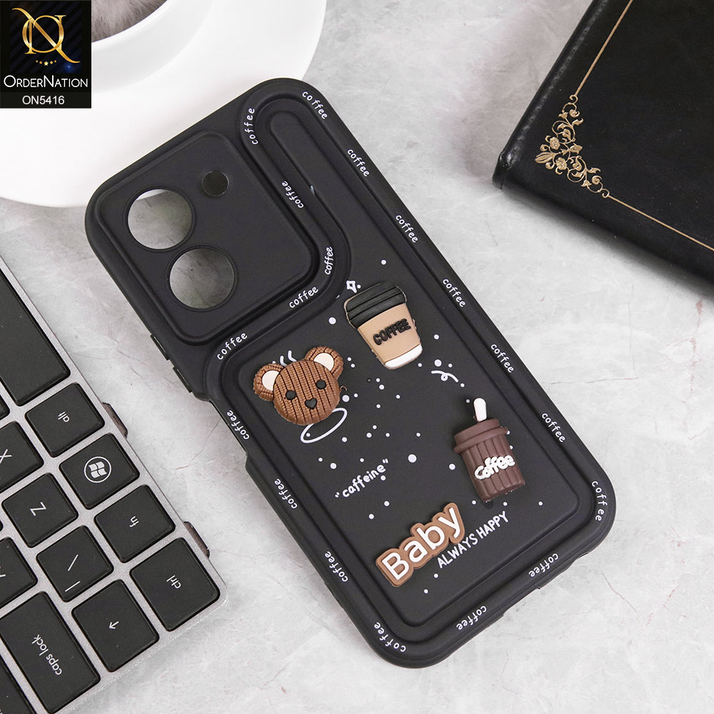 Vivo Y27s Cover - Black - Cute 3D Cartoon Coffee Soft Silicon Case With Camera Protection