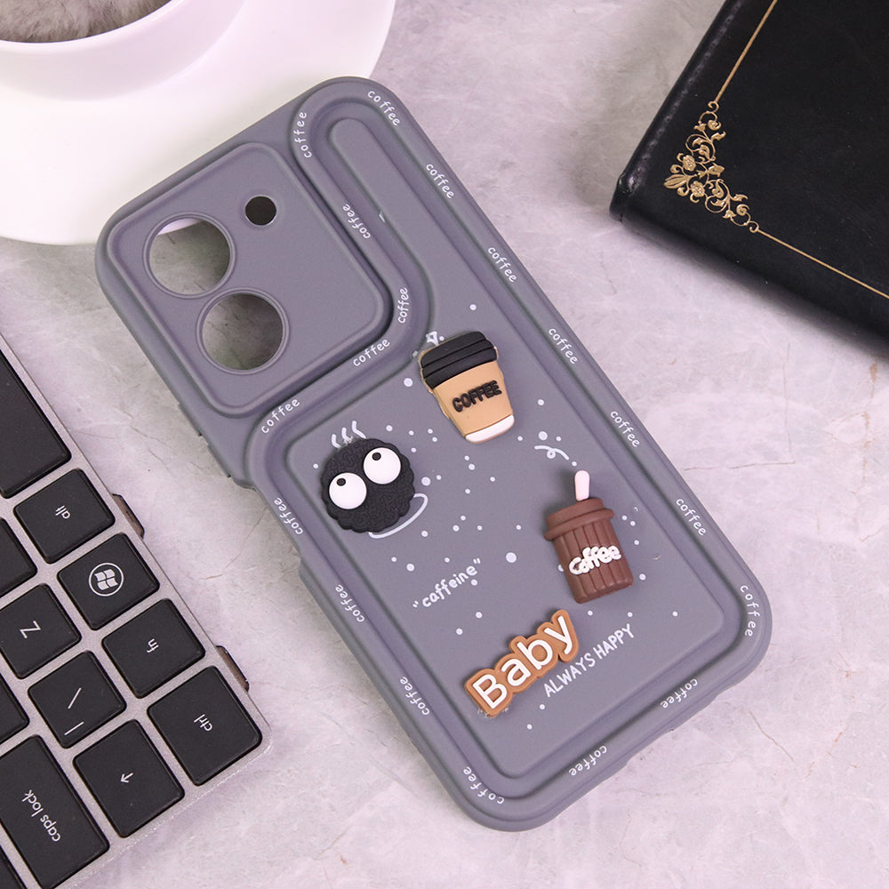Vivo Y36 4G Cover - Gray - Cute 3D Cartoon Coffee Soft Silicon Case With Camera Protection