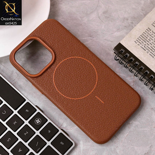 IPhone 15 Pro Max  Cover - Brown - New Leather Texture Case With Magsafe Wireless Charging Soft Border Case