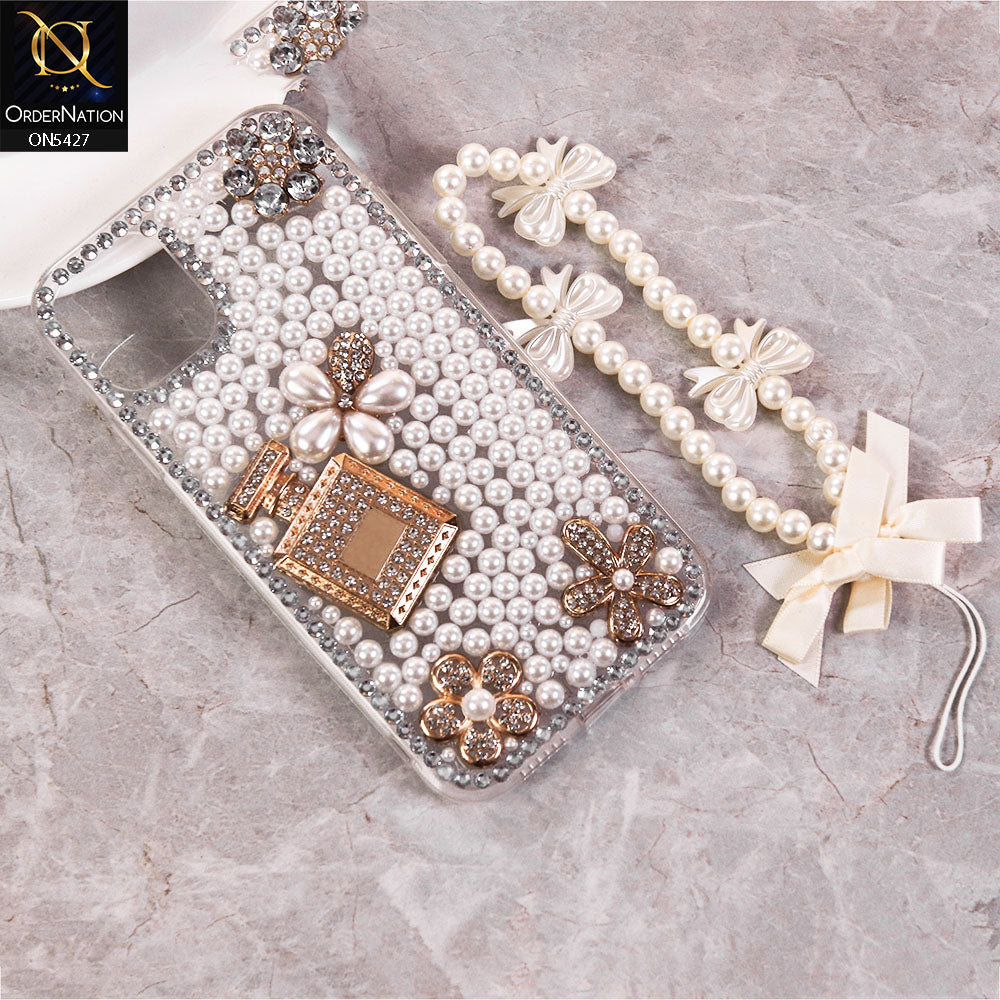 iPhone 13 Cover - White -  Luxury Women Design Diamond And Heart Pearl Case