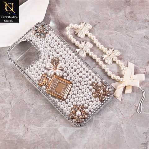 iPhone 13 Pro Max Cover - White -  Luxury Women Design  Diamond And Heart Pearl Case