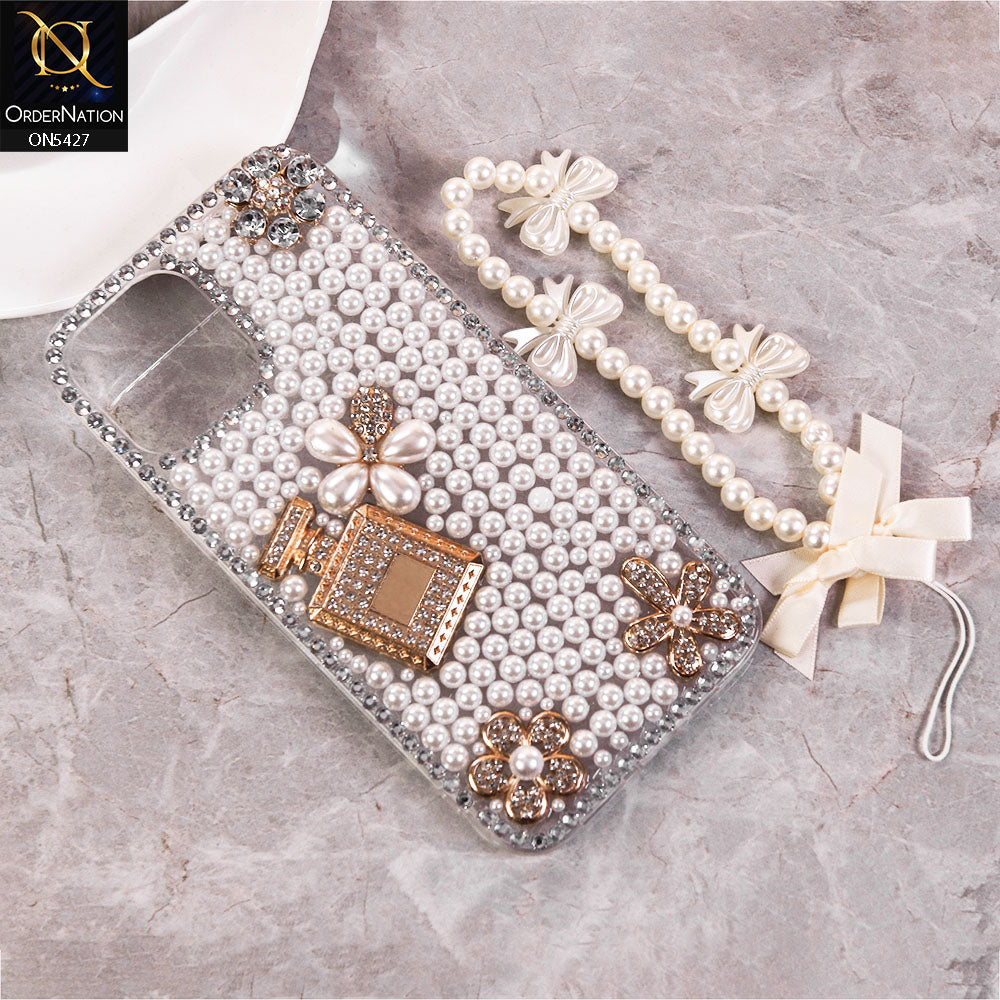 iPhone 14 Pro Max Cover - White -  Luxury Women Design Diamond And Heart Pearl Case