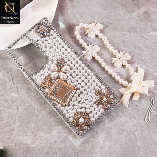 Samsung Galaxy Note 20 Ultra Cover - White -  Luxury Women Design Diamond And Heart Pearl Case