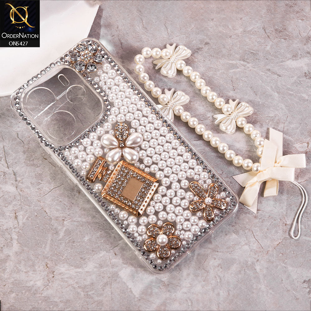 Xiaomi Redmi Note 14 4G Cover - White -  Luxury Women Design Diamond And Heart Pearl Case