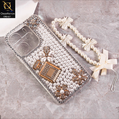 Xiaomi Redmi Note 14 4G Cover - White -  Luxury Women Design Diamond And Heart Pearl Case