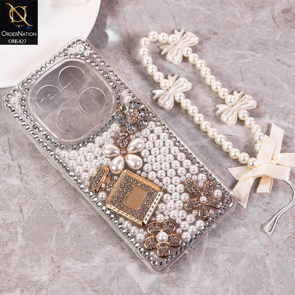 Xiaomi Redmi Note 14 Pro 5G Cover - White -  Luxury Women Design Diamond And Heart Pearl Case