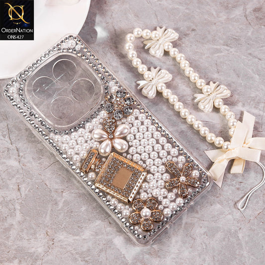 Xiaomi Redmi Note 14 Pro 5G Cover - White -  Luxury Women Design Diamond And Heart Pearl Case