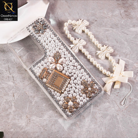 Samsung Galaxy S21 Ultra Cover - White -  Luxury Women Design Diamond And Heart Pearl Case
