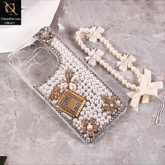 Infinix Smart 8 Cover - White -  Luxury Women Design Diamond And Heart Pearl Case