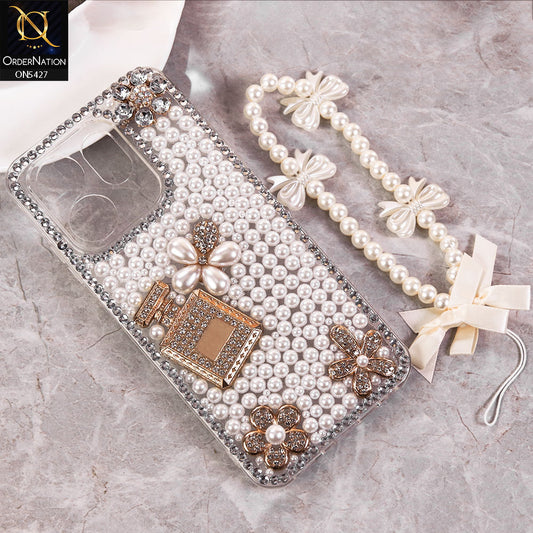 Infinix Hot 50i Cover - White -  Luxury Women Design Diamond And Heart Pearl Case