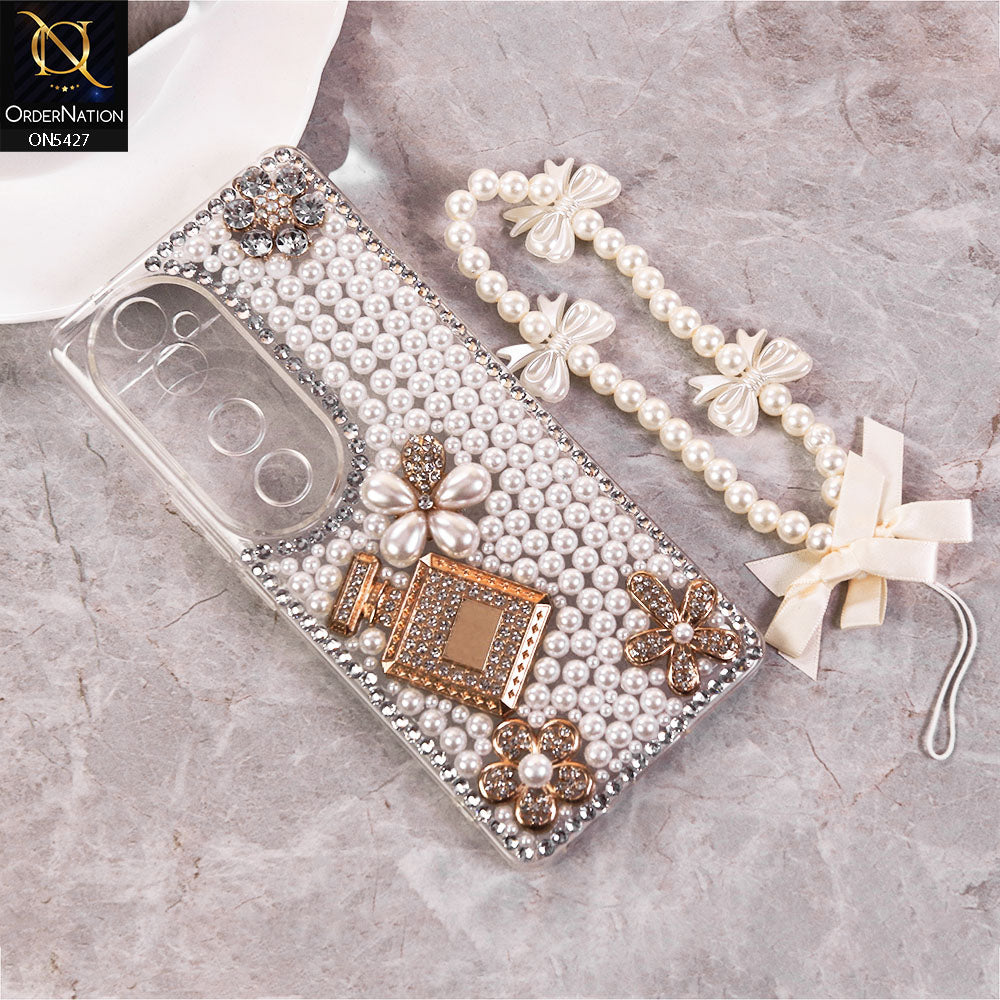 Vivo S19 Cover - White -  Luxury Women Design Diamond And Heart Pearl Case