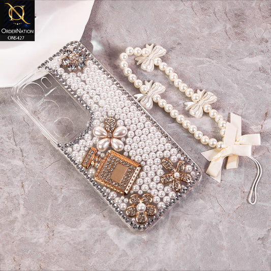 Vivo Y19s Cover - White -  Luxury Women Design Diamond  And Heart Pearl Case