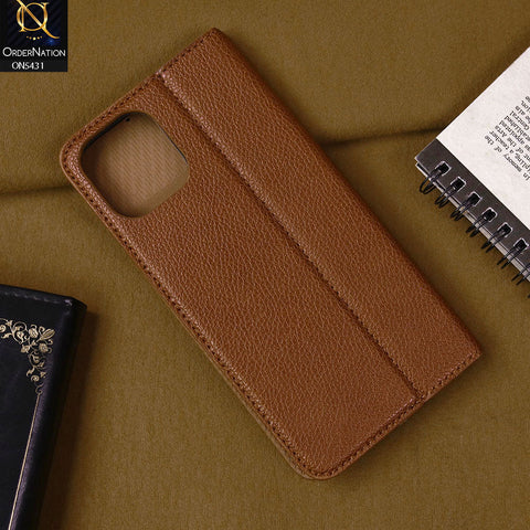 iPhone 12 Pro Cover - Brown -  Premium Leather Rich Boss Megantic Flip Book Covers With Card Holding Option