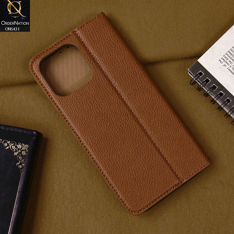 iPhone 14 Pro Max Cover - Brown -  Premium Leather Rich Boss Megantic Flip Book Covers With Card Holding Option