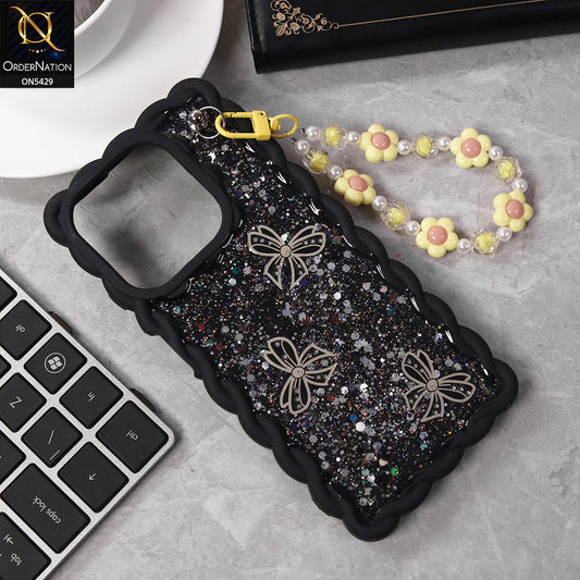 Oppo A3x 5G Cover - Black - New Braid Style Borders Butterfly Shiny Glitter Soft Case With Beads Bracelet Holder (Glitter Does Not Move)