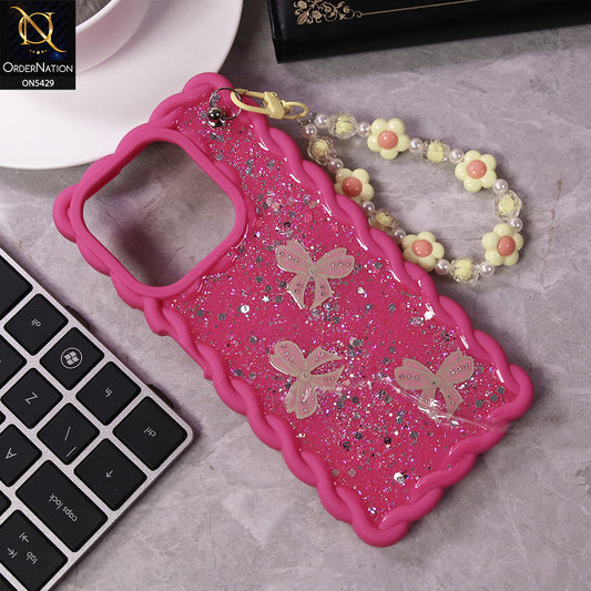 Oppo A3x 5G Cover - Pink - New Braid Style Borders Butterfly Shiny Glitter Soft Case With Beads Bracelet Holder (Glitter Does Not Move)
