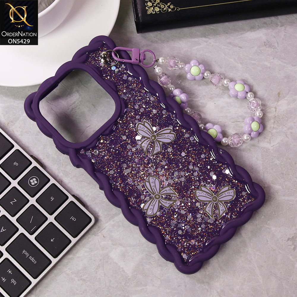 Oppo A3x 5G Cover - Purple - New Braid Style Borders Butterfly Shiny Glitter Soft Case With Beads Bracelet Holder (Glitter Does Not Move)