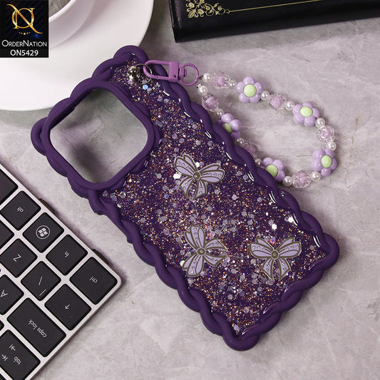 Oppo A3x 5G Cover - Purple - New Braid Style Borders Butterfly Shiny Glitter Soft Case With Beads Bracelet Holder (Glitter Does Not Move)