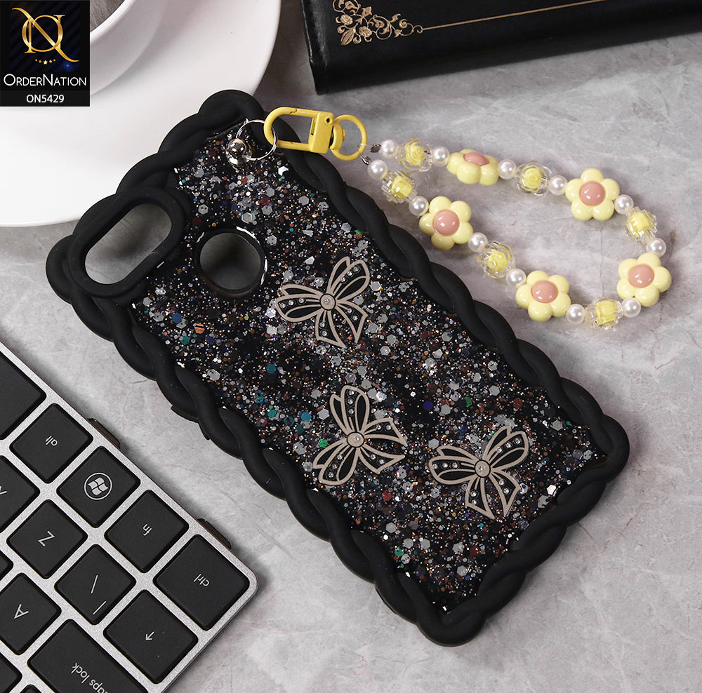 Oppo A7 Cover - Black - New Braid Style Borders Butterfly Shiny Glitter Soft Case With Beads Bracelet Holder (Glitter Does Not Move)