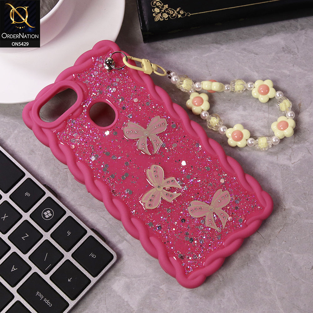 Oppo A7 Cover - Pink - New Braid Style Borders Butterfly Shiny Glitter Soft Case With Beads Bracelet Holder (Glitter Does Not Move)