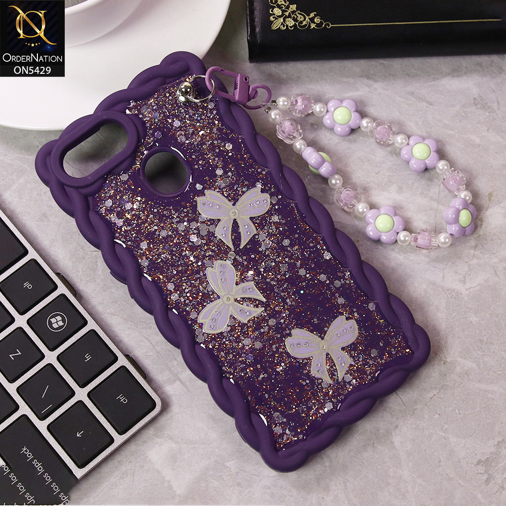 Oppo A12 Cover - Purple - New Braid Style Borders Butterfly Shiny Glitter Soft Case With Beads Bracelet Holder (Glitter Does Not Move)