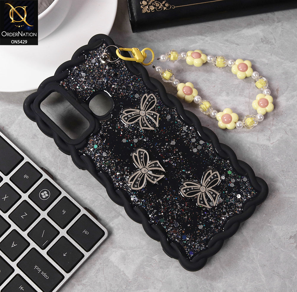 Tecno Spark 5 Cover - Black - New Braid Style Borders Butterfly Shiny Glitter Soft Case With Beads Bracelet Holder (Glitter Does Not Move)