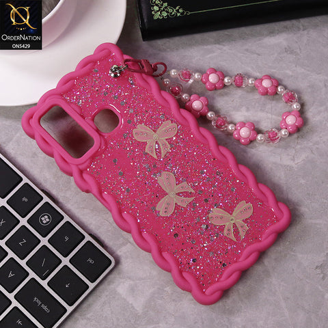 Infinix Hot 9 Pro Cover - Pink - New Braid Style Borders Butterfly Shiny Glitter Soft Case With Beads Bracelet Holder (Glitter Does Not Move)