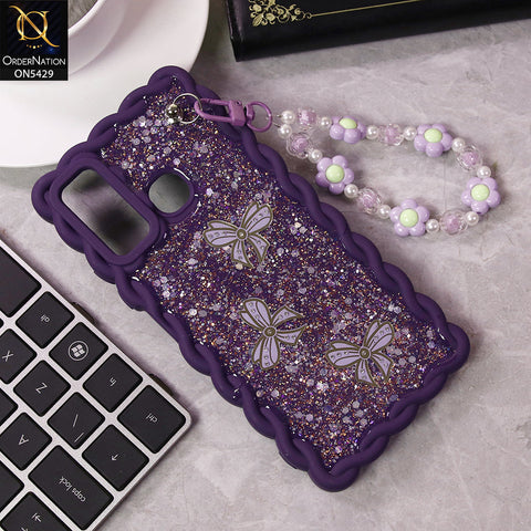 Tecno Spark 5 Cover - Purple - New Braid Style Borders Butterfly Shiny Glitter Soft Case With Beads Bracelet Holder (Glitter Does Not Move)