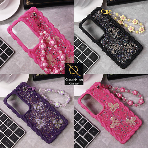 Vivo 300 Cover - Purple - New Braid Style Borders Butterfly Shiny Glitter Soft Case With Beads Bracelet Holder (Glitter Does Not Move)