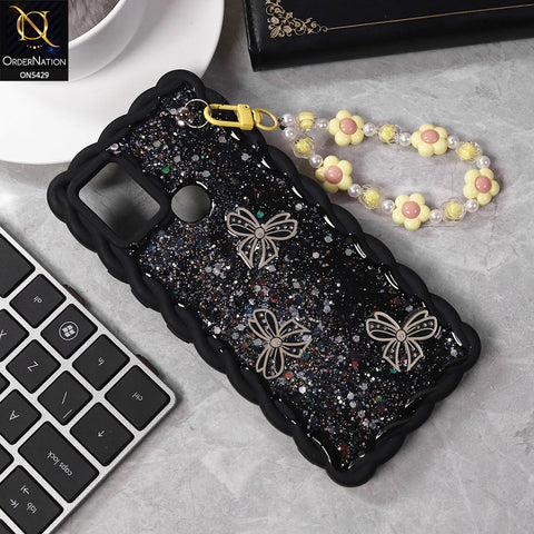 Infinix Hot 10 Cover - Black - New Braid Style Borders Butterfly Shiny Glitter Soft Case With Beads Bracelet Holder (Glitter Does Not Move)