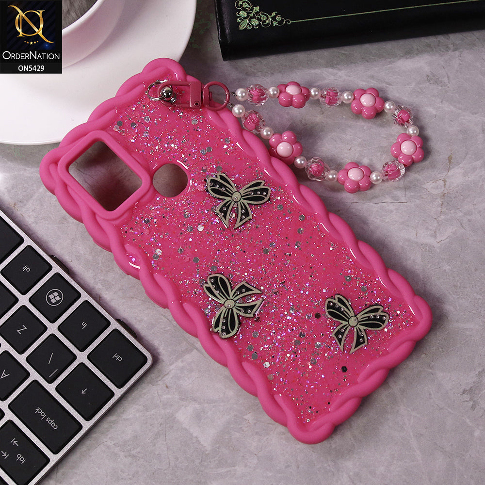 Infinix Hot 10 Cover - Pink - New Braid Style Borders Butterfly Shiny Glitter Soft Case With Beads Bracelet Holder (Glitter Does Not Move)