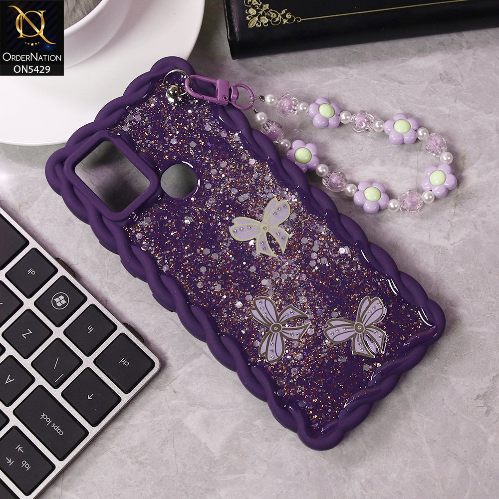 Infinix Hot 10 Cover - Purple - New Braid Style Borders Butterfly Shiny Glitter Soft Case With Beads Bracelet Holder (Glitter Does Not Move)
