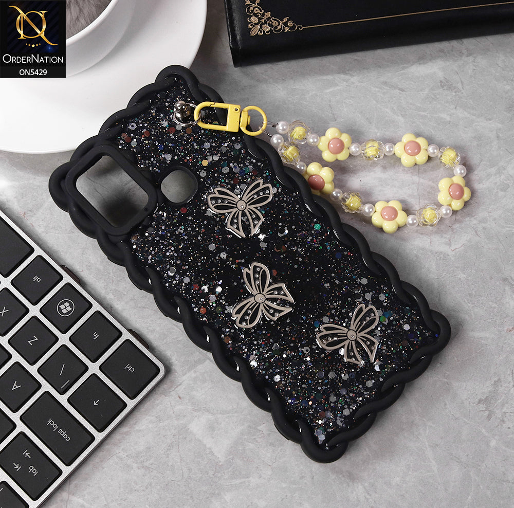 Infinix Hot 9 Play Cover - Black - New Braid Style Borders Butterfly Shiny Glitter Soft Case With Beads Bracelet Holder (Glitter Does Not Move)