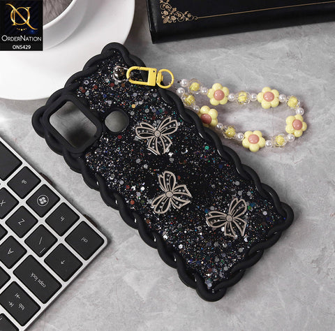 Infinix Hot 9 Play Cover - Black - New Braid Style Borders Butterfly Shiny Glitter Soft Case With Beads Bracelet Holder (Glitter Does Not Move)