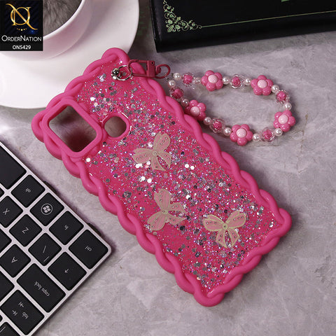 Infinix Hot 9 Play Cover - Pink - New Braid Style Borders Butterfly Shiny Glitter Soft Case With Beads Bracelet Holder (Glitter Does Not Move)