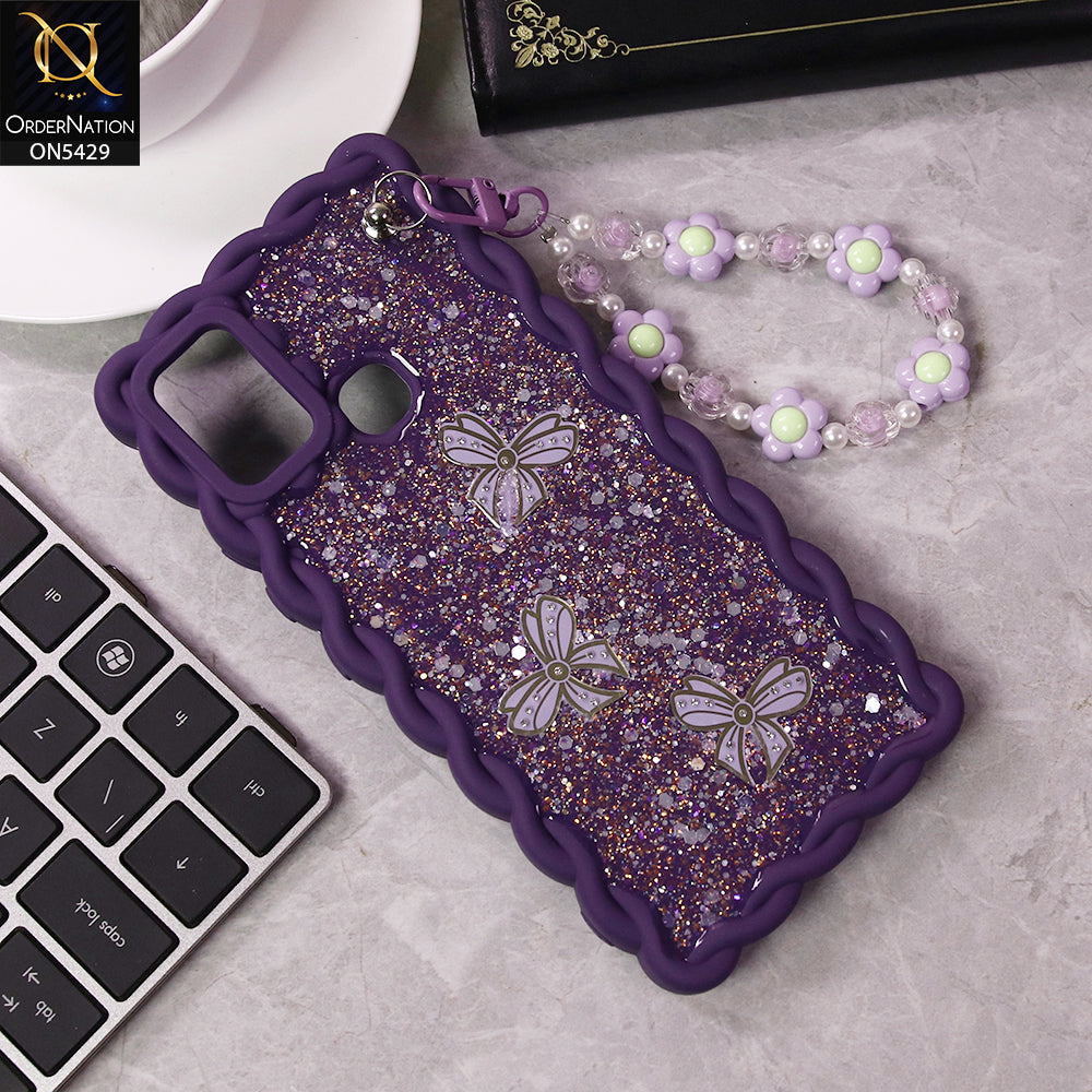 Infinix Hot 9 Play Cover - Purple - New Braid Style Borders Butterfly Shiny Glitter Soft Case With Beads Bracelet Holder (Glitter Does Not Move)