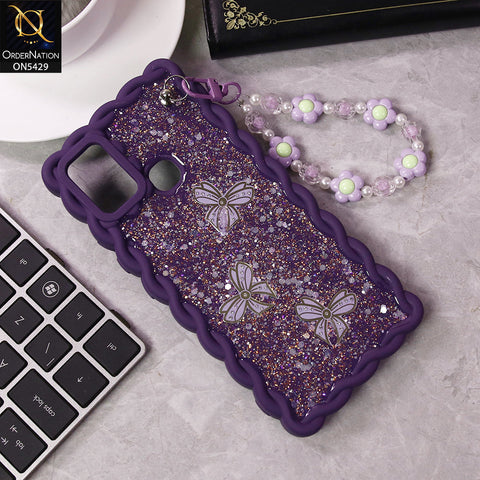 Infinix Hot 9 Play Cover - Purple - New Braid Style Borders Butterfly Shiny Glitter Soft Case With Beads Bracelet Holder (Glitter Does Not Move)