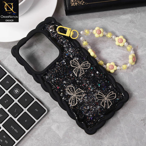Infinix Hot 40 Pro Cover - Black - New Braid Style Borders Butterfly Shiny Glitter Soft Case With Beads Bracelet Holder (Glitter Does Not Move)