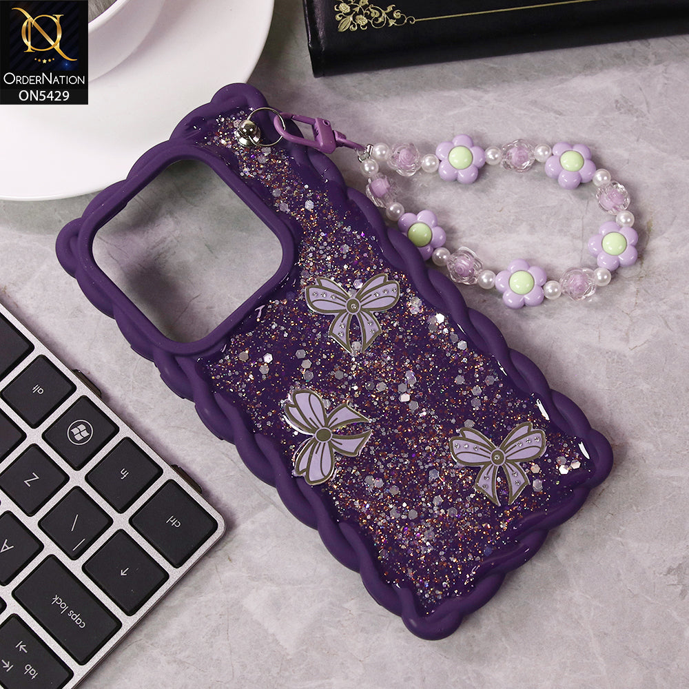 Infinix Hot 40 Pro Cover - Purple - New Braid Style Borders Butterfly Shiny Glitter Soft Case With Beads Bracelet Holder (Glitter Does Not Move)