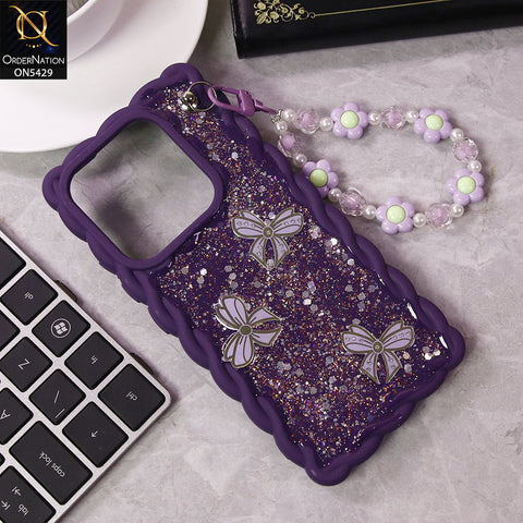 Infinix Hot 40 Pro Cover - Purple - New Braid Style Borders Butterfly Shiny Glitter Soft Case With Beads Bracelet Holder (Glitter Does Not Move)
