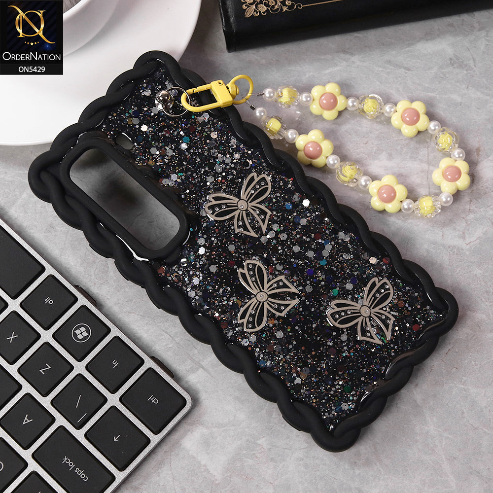 Infinix Hot 50 4G Cover - Black - New Braid Style Borders Butterfly Shiny Glitter Soft Case With Beads Bracelet Holder (Glitter Does Not Move)