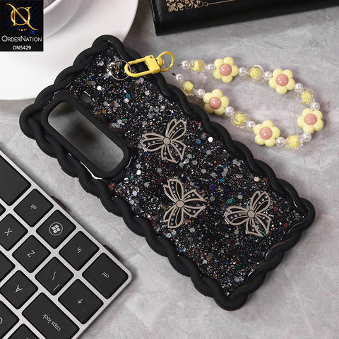 Infinix Hot 50 4G Cover - Black - New Braid Style Borders Butterfly Shiny Glitter Soft Case With Beads Bracelet Holder (Glitter Does Not Move)