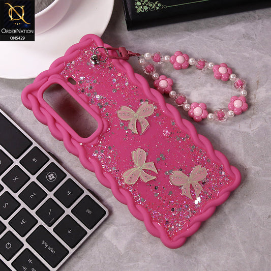 Infinix Hot 50 Pro Plus Cover - Pink - New Braid Style Borders Butterfly Shiny Glitter Soft Case With Beads Bracelet Holder (Glitter Does Not Move)