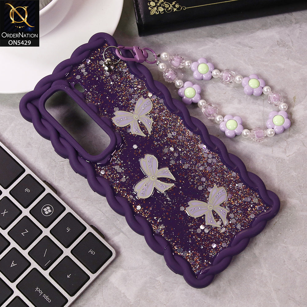 Infinix Hot 50 Pro Plus Cover - Purple - New Braid Style Borders Butterfly Shiny Glitter Soft Case With Beads Bracelet Holder (Glitter Does Not Move)
