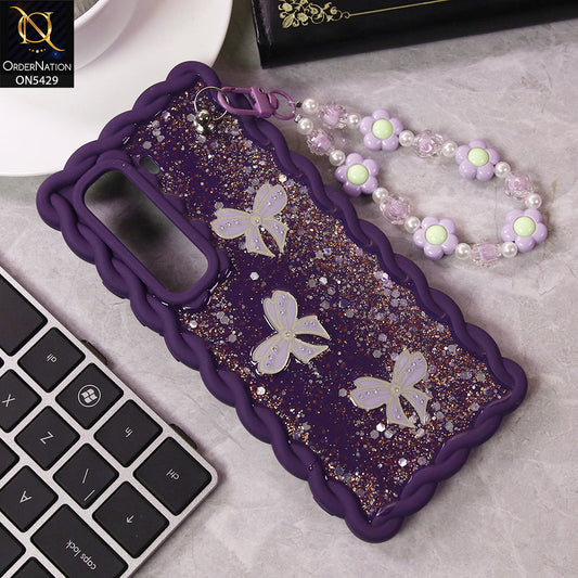 Infinix Hot 50 Pro Plus Cover - Purple - New Braid Style Borders Butterfly Shiny Glitter Soft Case With Beads Bracelet Holder (Glitter Does Not Move)