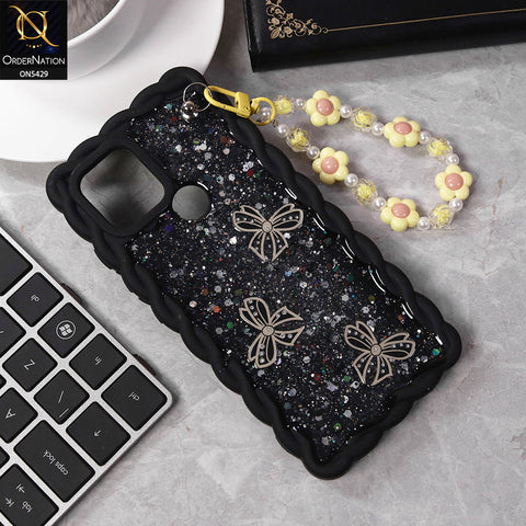 Oppo A15 Cover - Black - New Braid Style Borders Butterfly Shiny Glitter Soft Case With Beads Bracelet Holder (Glitter Does Not Move)