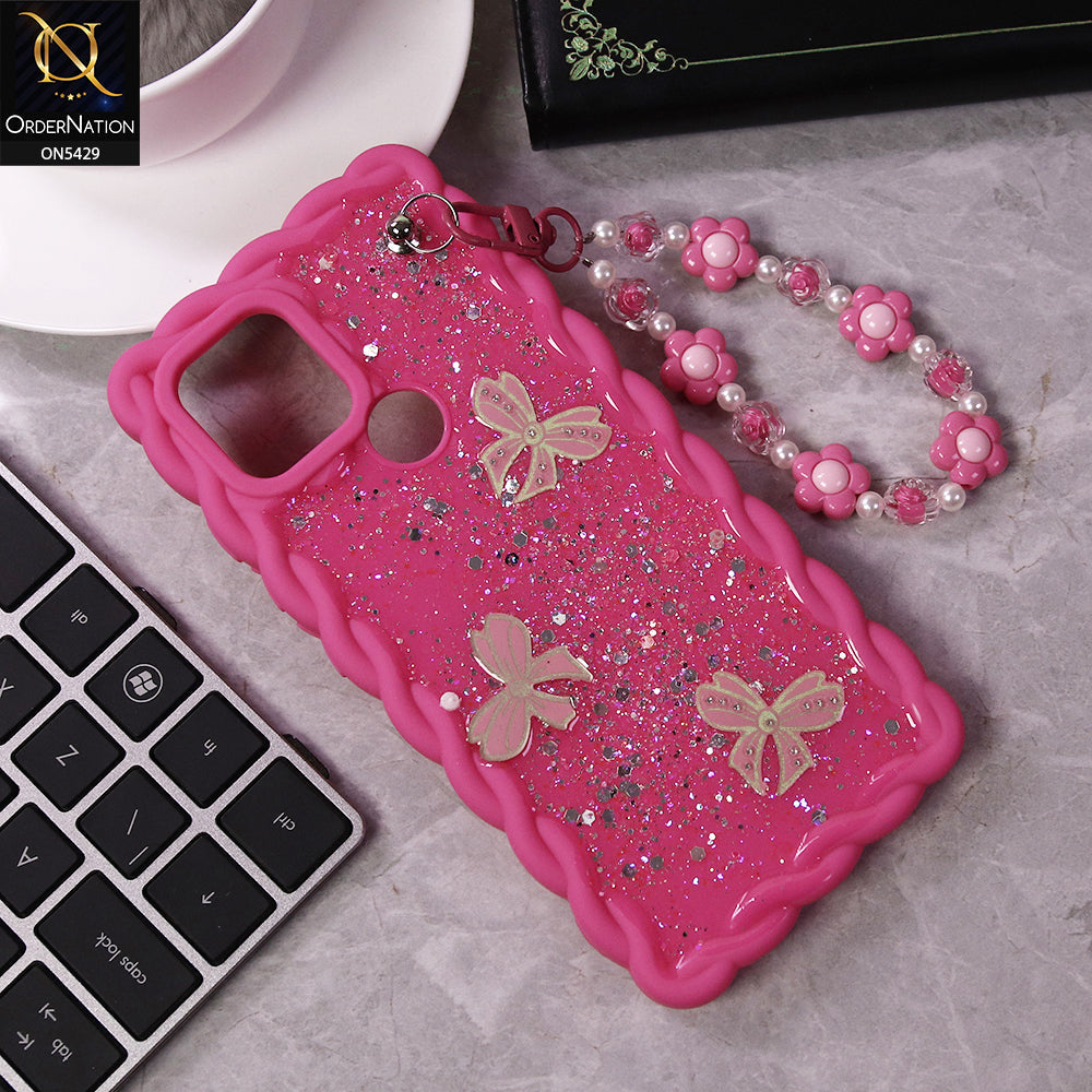 Oppo A15 Cover - Pink - New Braid Style Borders Butterfly Shiny Glitter Soft Case With Beads Bracelet Holder (Glitter Does Not Move)