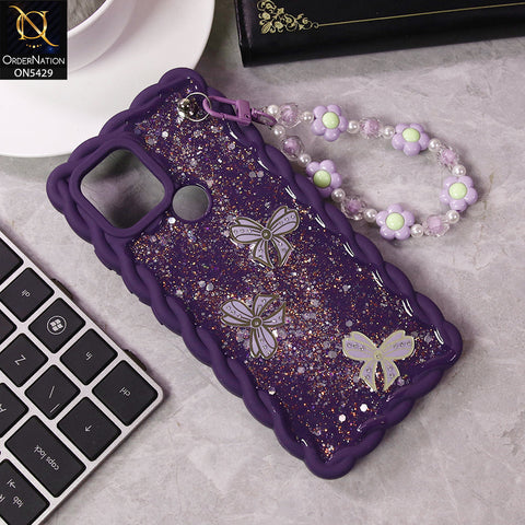 Oppo A15s Cover - Purple - New Braid Style Borders Butterfly Shiny Glitter Soft Case With Beads Bracelet Holder (Glitter Does Not Move)