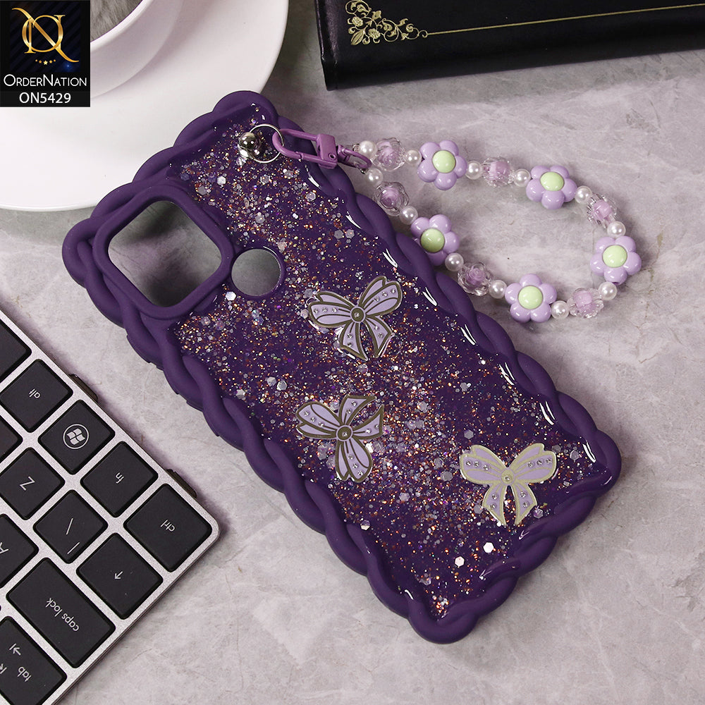 Oppo A15 Cover - Purple - New Braid Style Borders Butterfly Shiny Glitter Soft Case With Beads Bracelet Holder (Glitter Does Not Move)